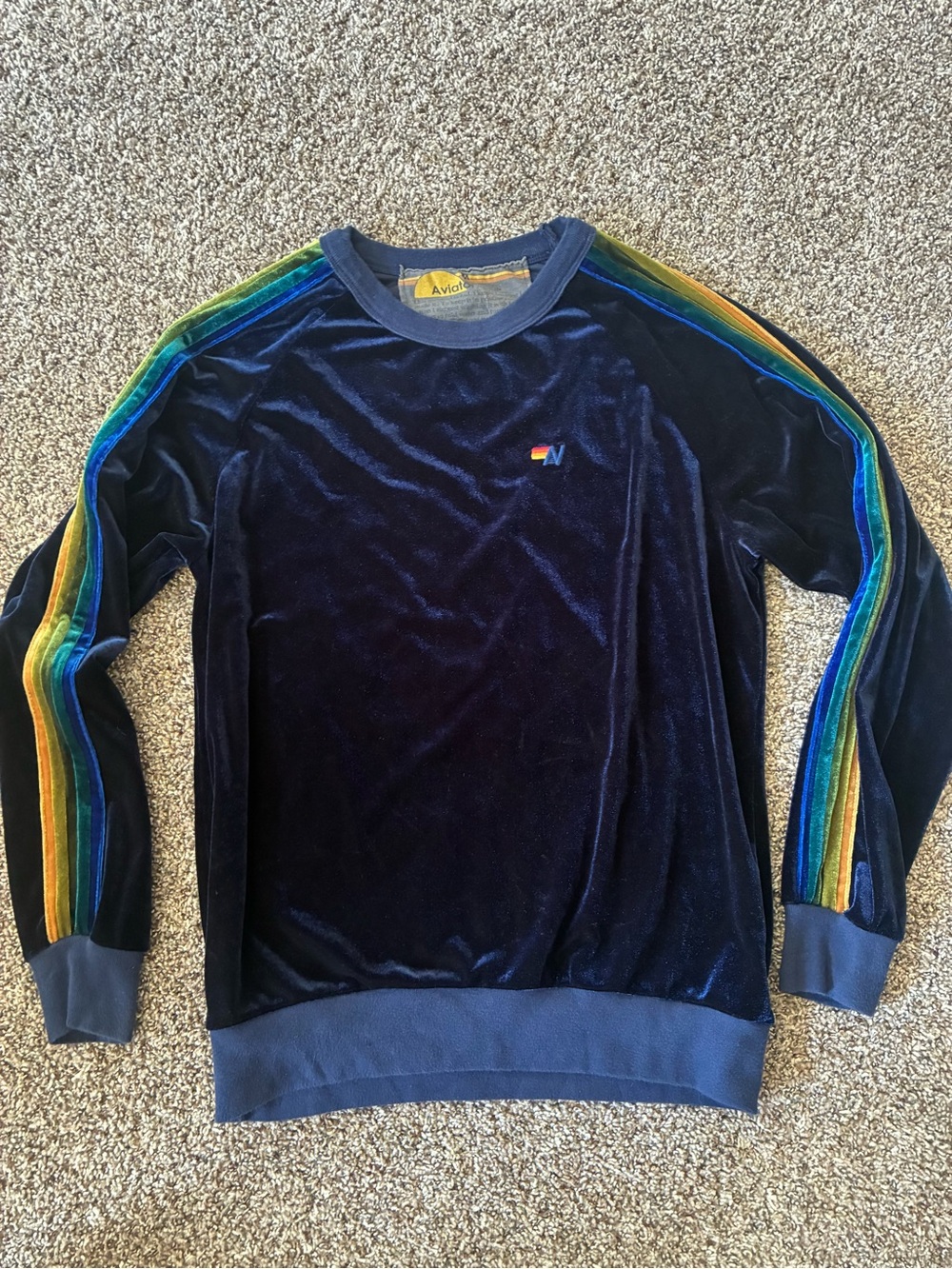 Aviator Nation 5 Stripe Navy Velvet Crewneck Sweater Medium